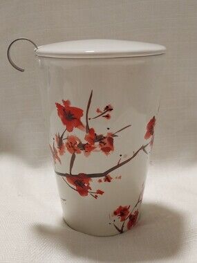 Tea Forte Cream & Red Cherry Blossom Ceramic 3 Piece Tea Infuser Tumbler Mug